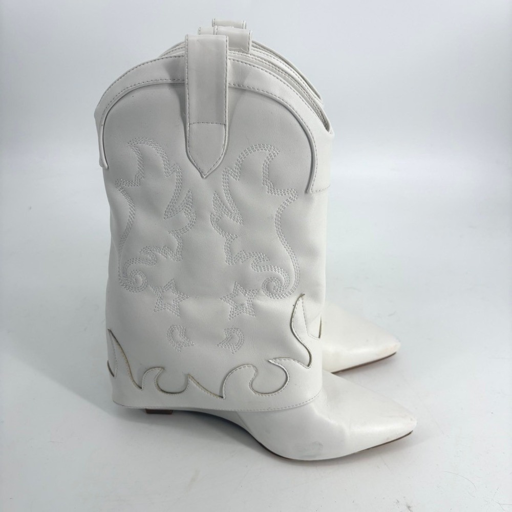 Azalea Wang‎ Western Fold Over Wedge Boots White Star Embroidered Pointed Toe